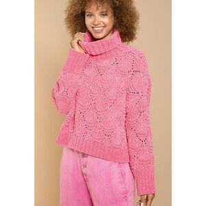 SALE! POL CLOTHING Cropped Eyelet Cutout Sweater Neon Pink Turtleneck SMT420A